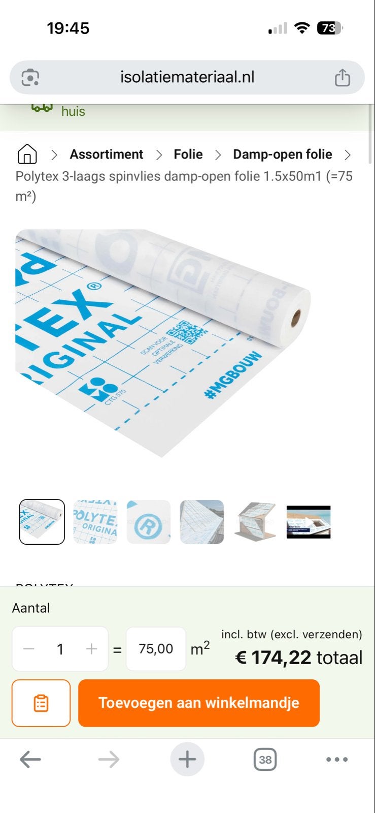 Polytex 3-laags spinvlies damp-open folie (ca. 40m2), Ophalen of Verzenden, Nieuw, 15 m² of meer, Folie