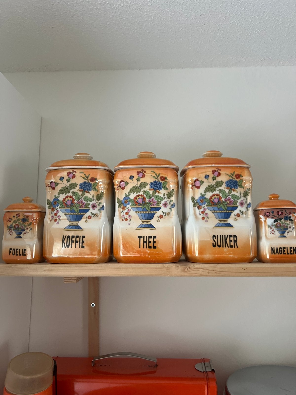 Vintage voorraadpotten set koffie, thee, suiker e.d., Antiek en Kunst, Ophalen