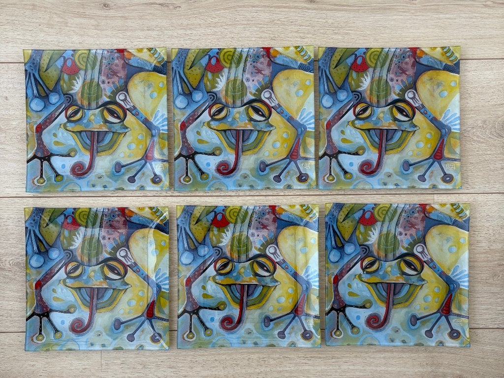Glazen set van 6 bordjes van Michelle Allen - Kikker NIEUW, Huis en Inrichting, Nieuw, Ophalen of Verzenden, Glas, Bord(en)