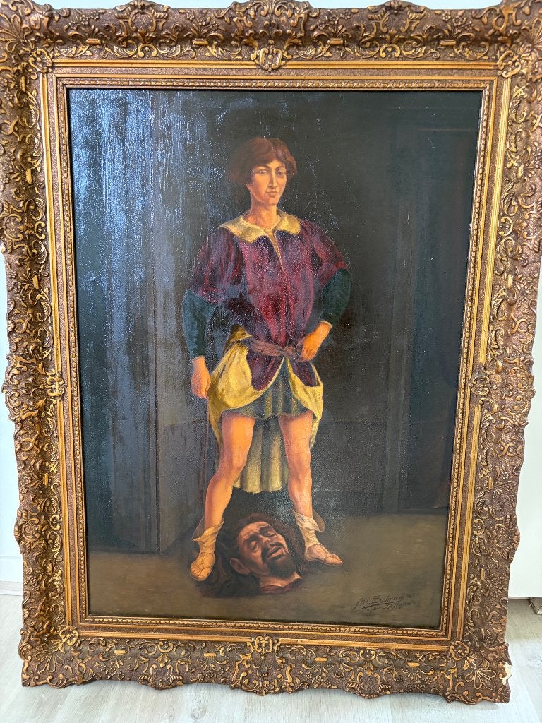 Schilderij David en Goliath, Ophalen, 69 cm, Overige technieken, Mythologie