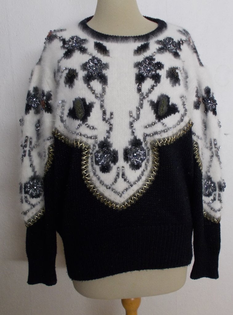 Prachtige angora/wol mix bewerkte trui van Madeleine! L, Verzenden, Zo goed als nieuw, Maat 42/44 (L), Meerkleurig