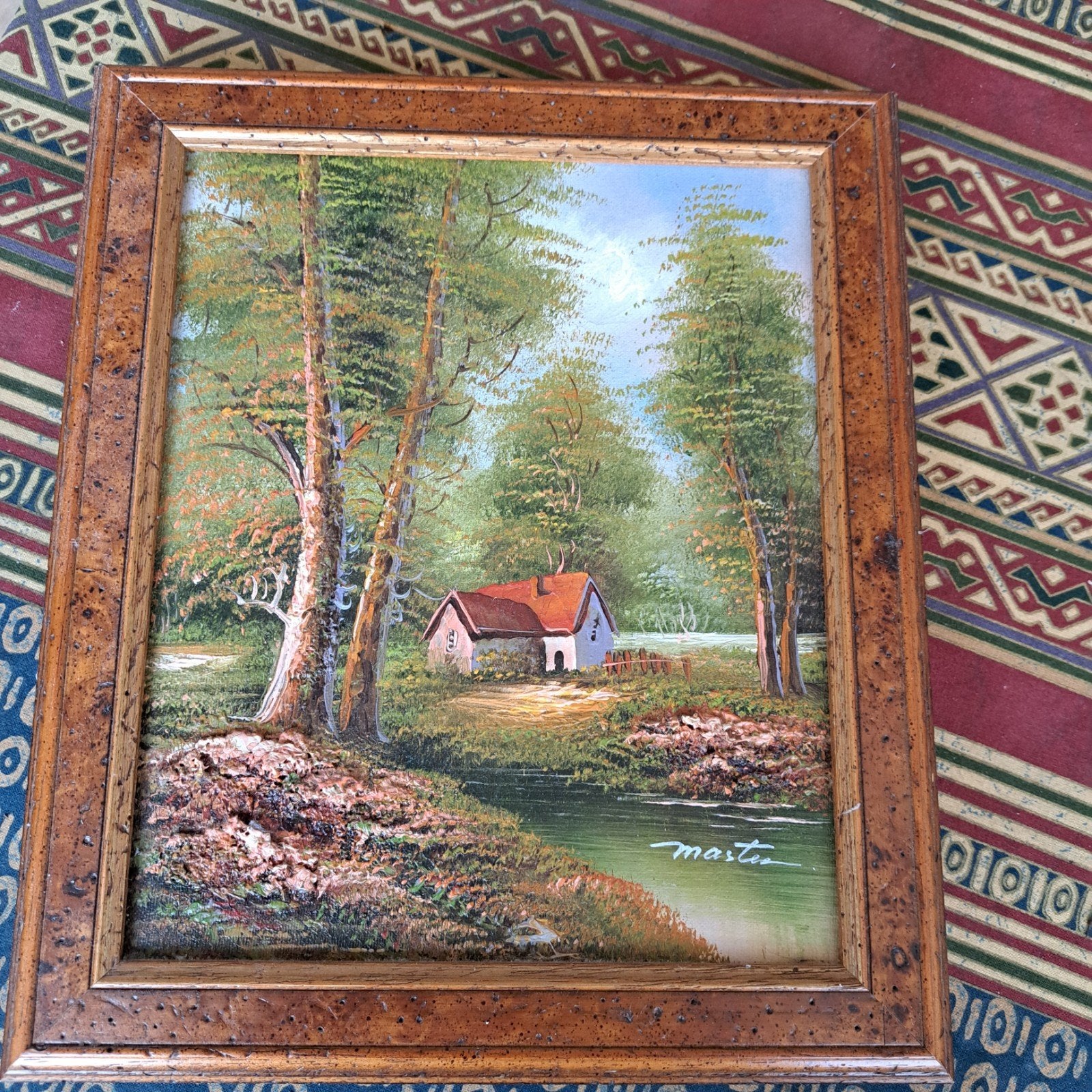 Schilderij met huisje aan water, gesigneerd 'Master', Doek, Realistisch, Ophalen of Verzenden, Landschap