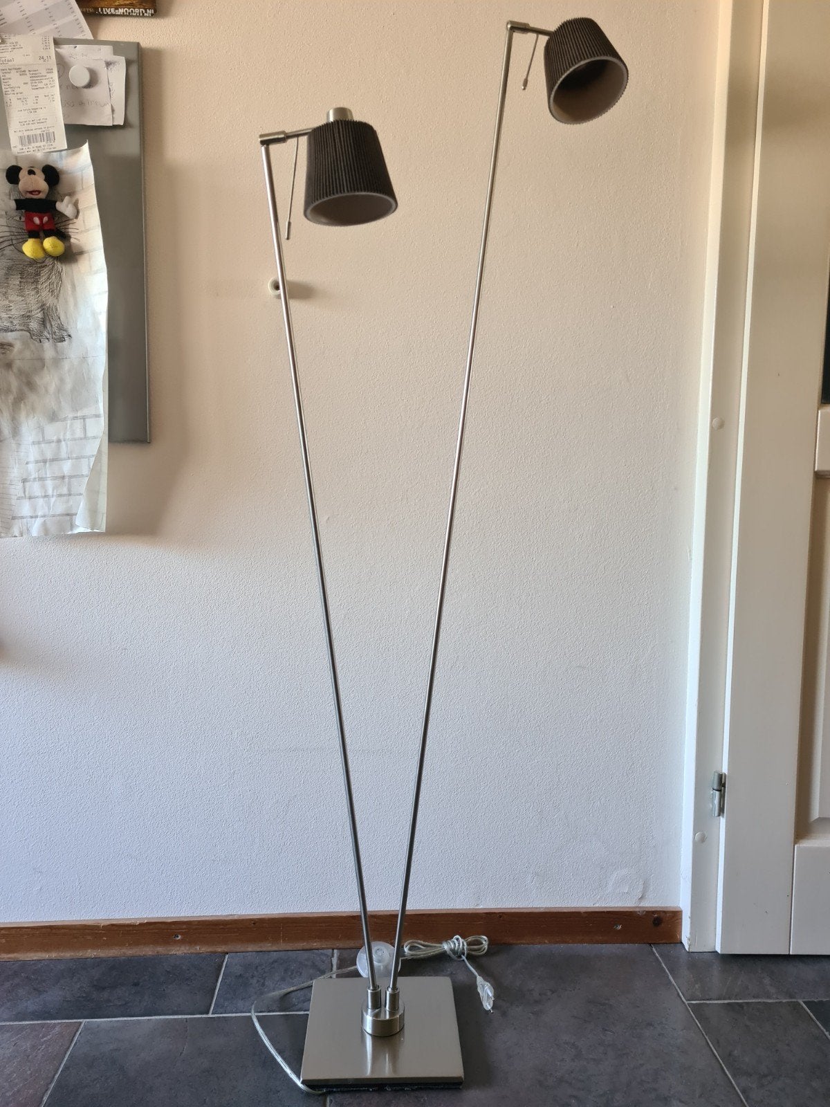 vloerlamp dubbel met 2 lampjes op RVS voet, Ophalen, Gebruikt, 100 tot 150 cm, Metaal