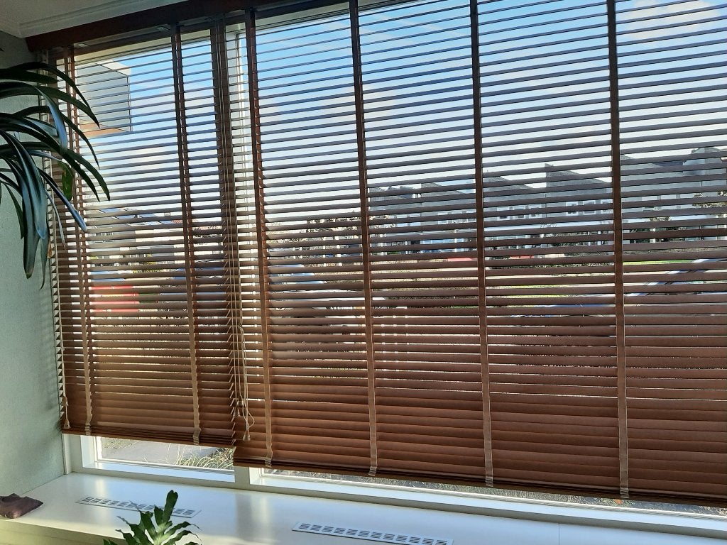 Luxaflex houten lamellen bruin, Ophalen, Gebruikt, Bruin, Ladderband