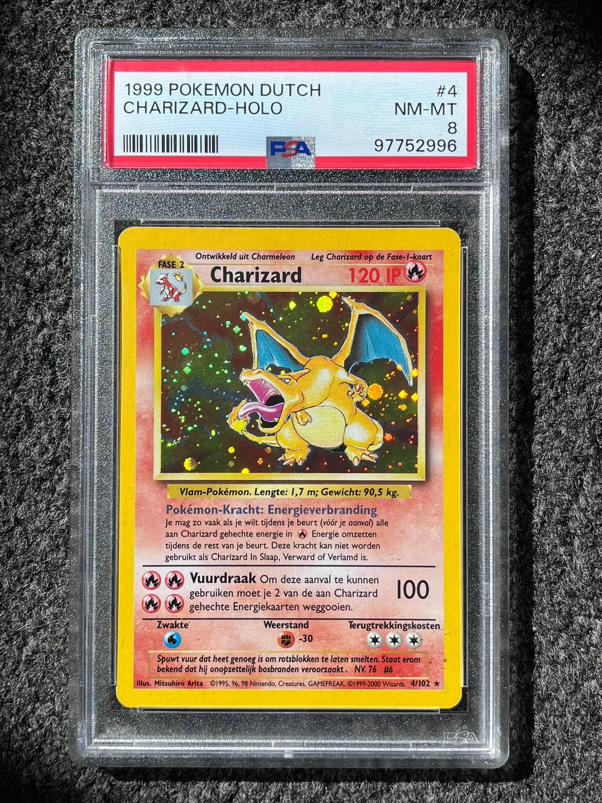 Pokémon PSA 8 Dutch Charizard Holo #4 Base set, Ophalen of Verzenden, Zo goed als nieuw, Losse kaart, Foil