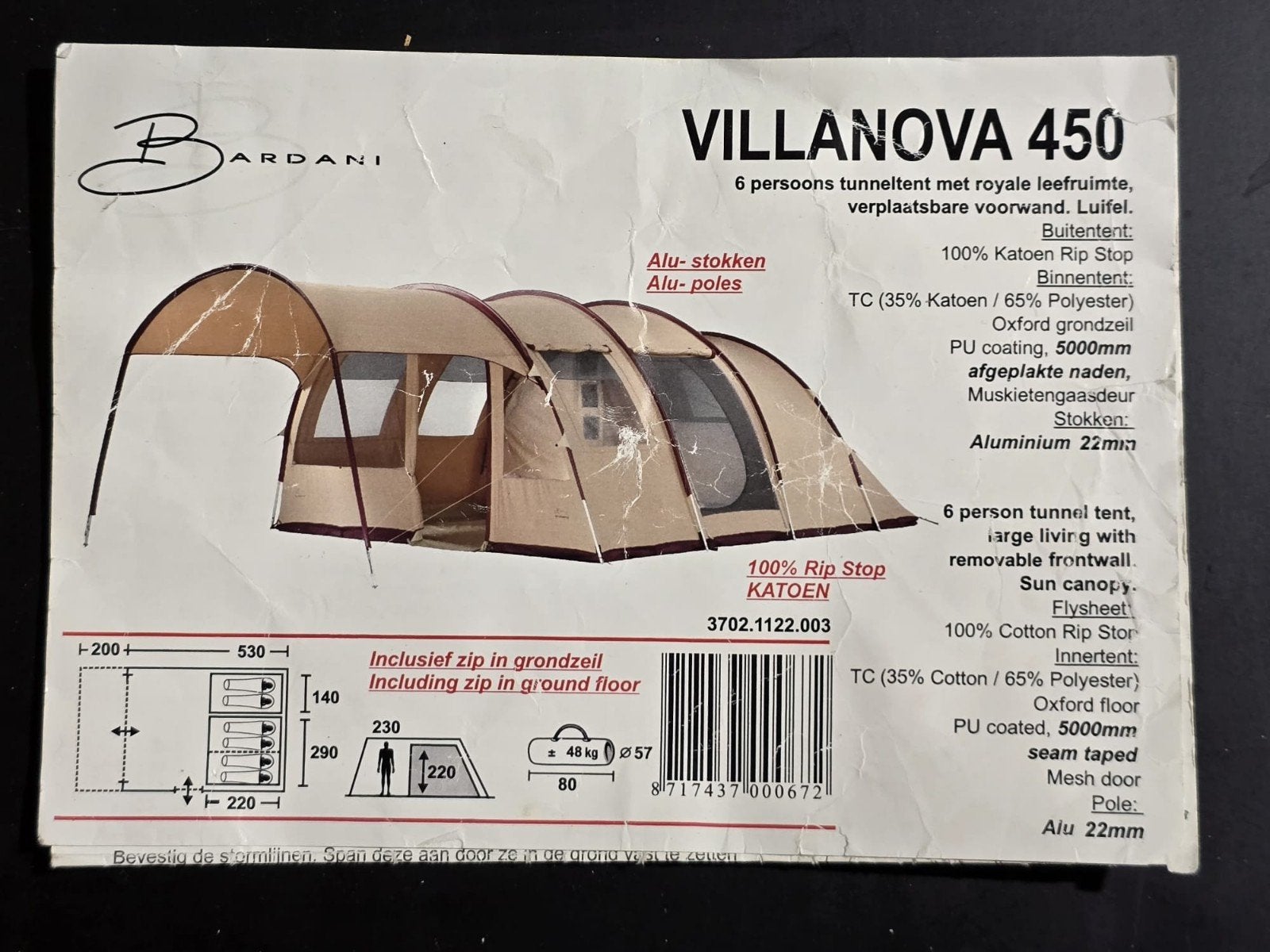 Bardani Villanova 450 6-persoons tunneltent, Caravans en Kamperen, Tenten, Ophalen