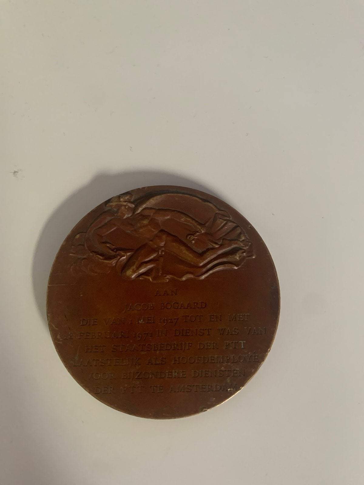 Bronzen PTT Afscheidsmedaille J.A.N. Bogaard 1927-1971, Postzegels en Munten, Ophalen, Brons, Nederland