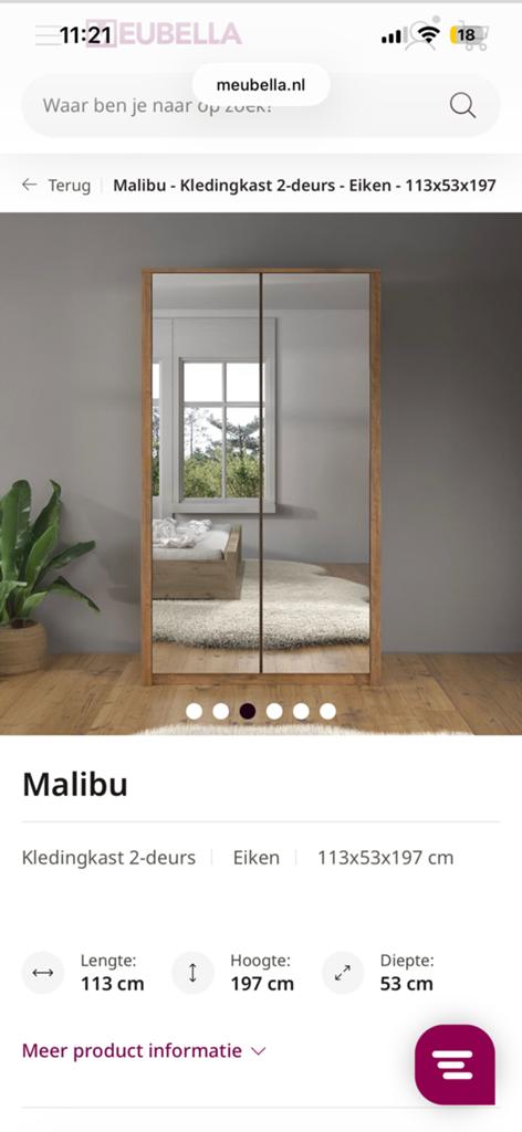 Meubella Malibu Kledingkast Eiken 113x53x197 cm, Ophalen, 100 tot 150 cm, Eikenhout, Nieuw