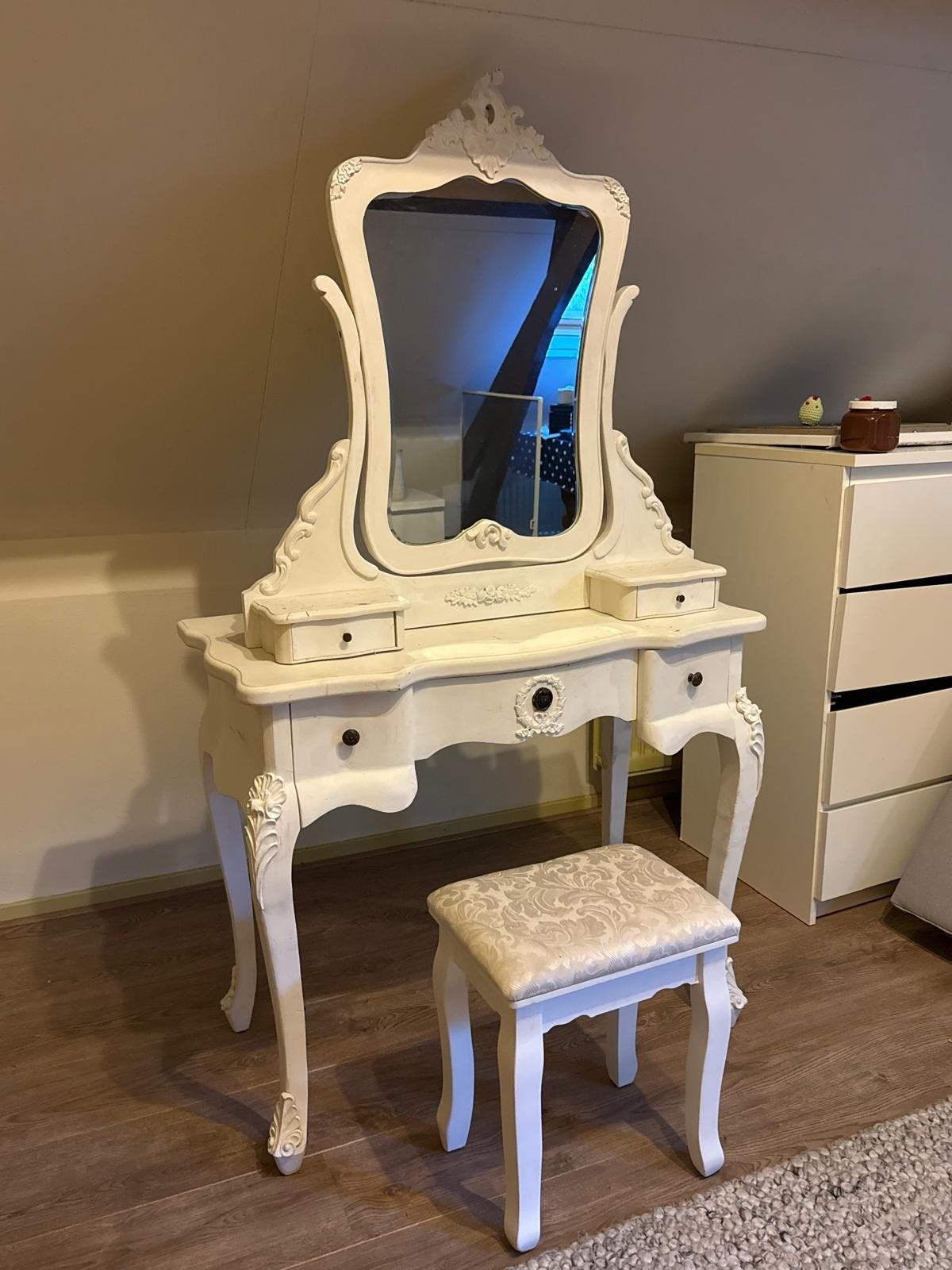 Brocante kaptafel met spiegel en krukje, Huis en Inrichting, Ophalen, Gebruikt, 100 tot 150 cm, 50 tot 100 cm