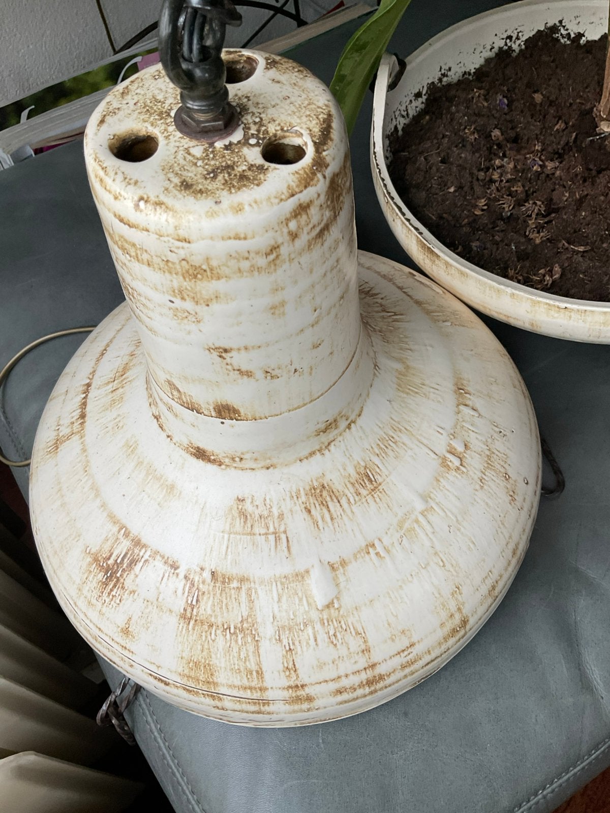 Super mooie vintage lamp- plantenhanger/verlichte bloempot, Ophalen, Rond, Zo goed als nieuw, Crème