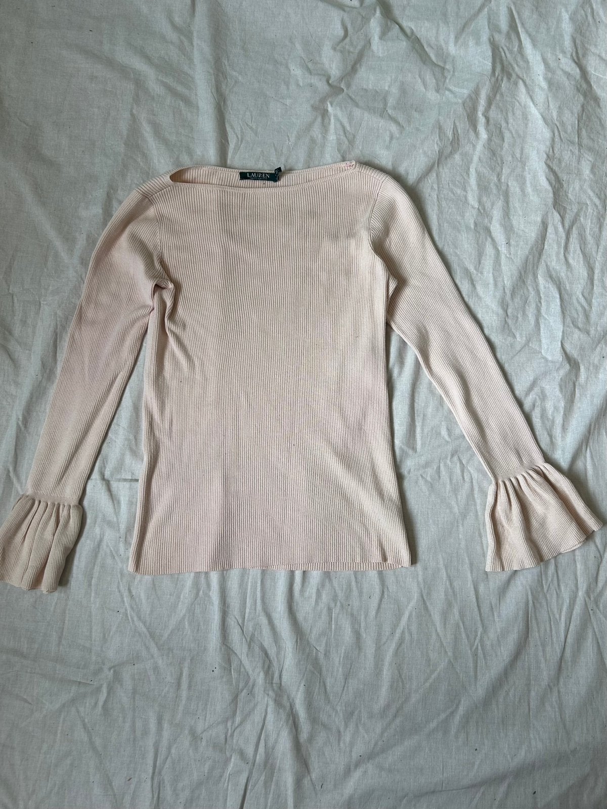 Ralph Lauren ribgebreide zalmkleurige elegante volantmouwenM, Verzenden, Zo goed als nieuw, Maat 38/40 (M), Roze