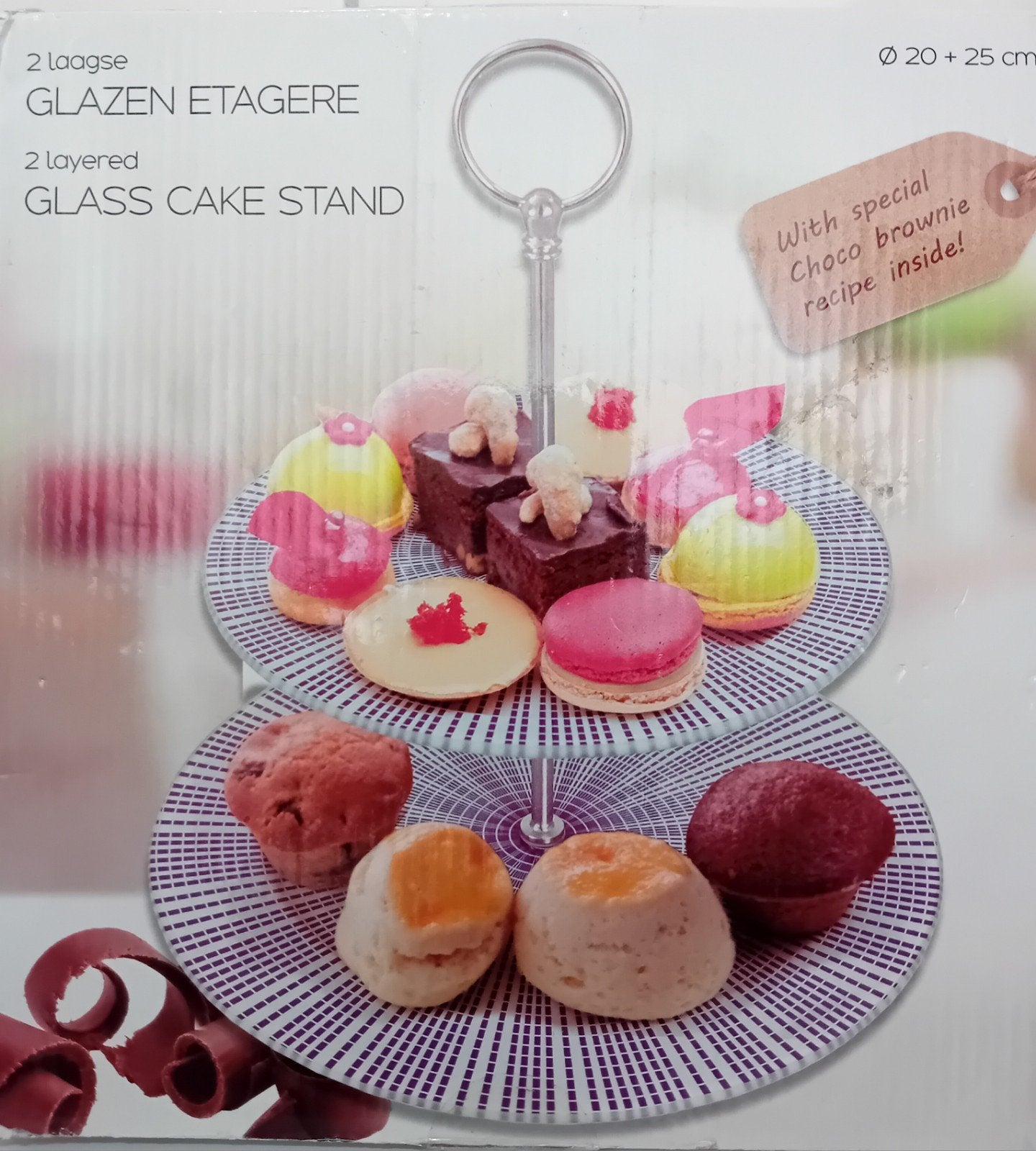 Etagere glazen 2 laags met metaal zilver handgreep. Nieuw!, Ophalen, Nieuw