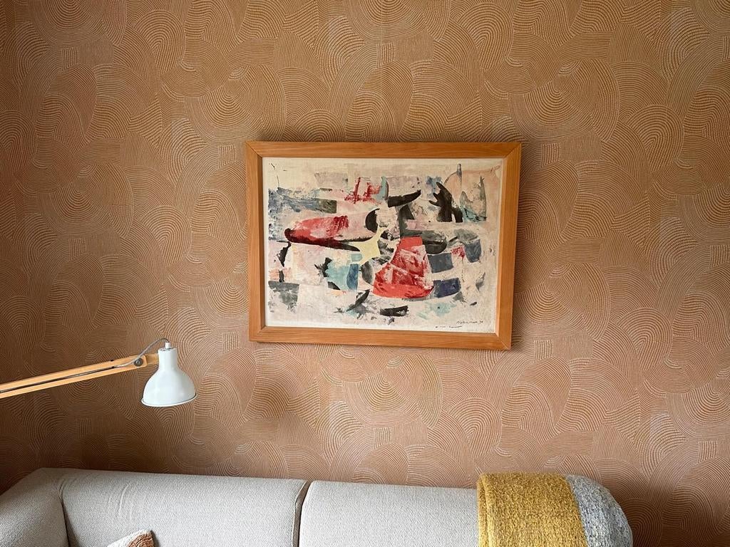 Abstracte zeefdruk op textiel houten lijst - Wil Bouthoorn, Antiek en Kunst, Ophalen of Verzenden
