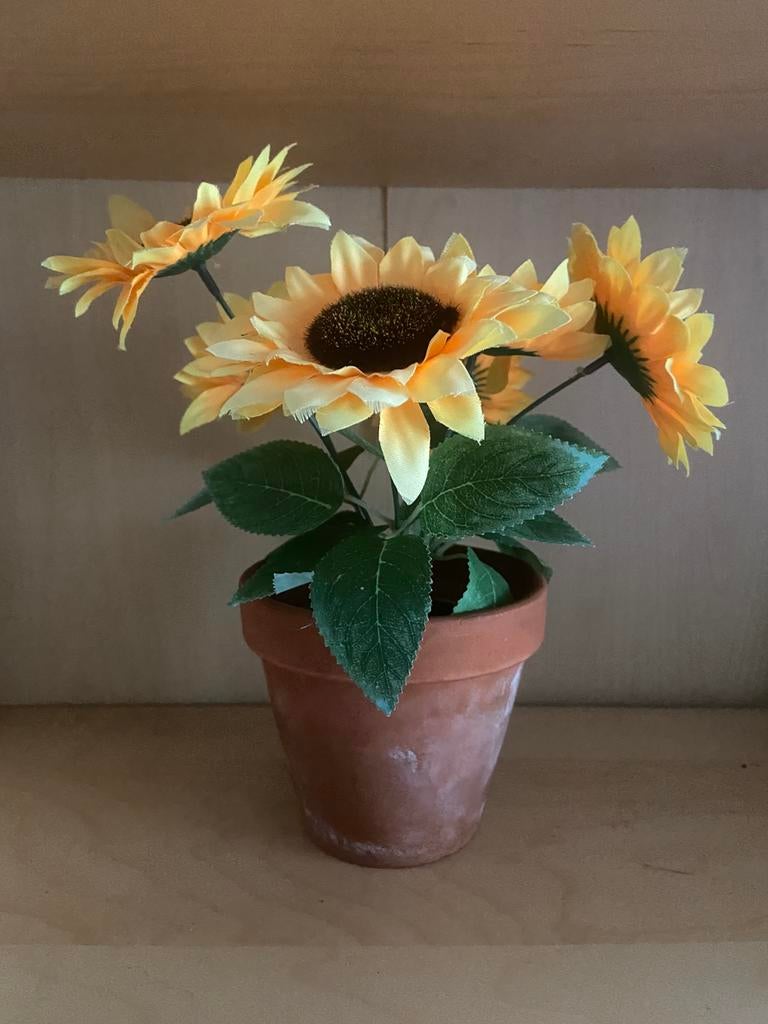 Kunst Zonnebloemen Kunstplant + gratis Terracotta Pot, Huis en Inrichting, Binnen, Kunstplant, Textiel, Ophalen of Verzenden