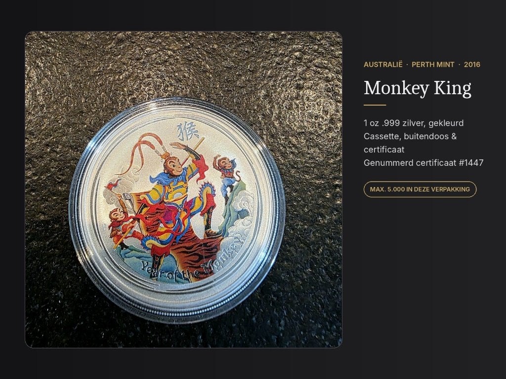 Perth Mint Monkey King 2016 1 oz zilver gekleurd doos & COA, Ophalen of Verzenden, Zilver