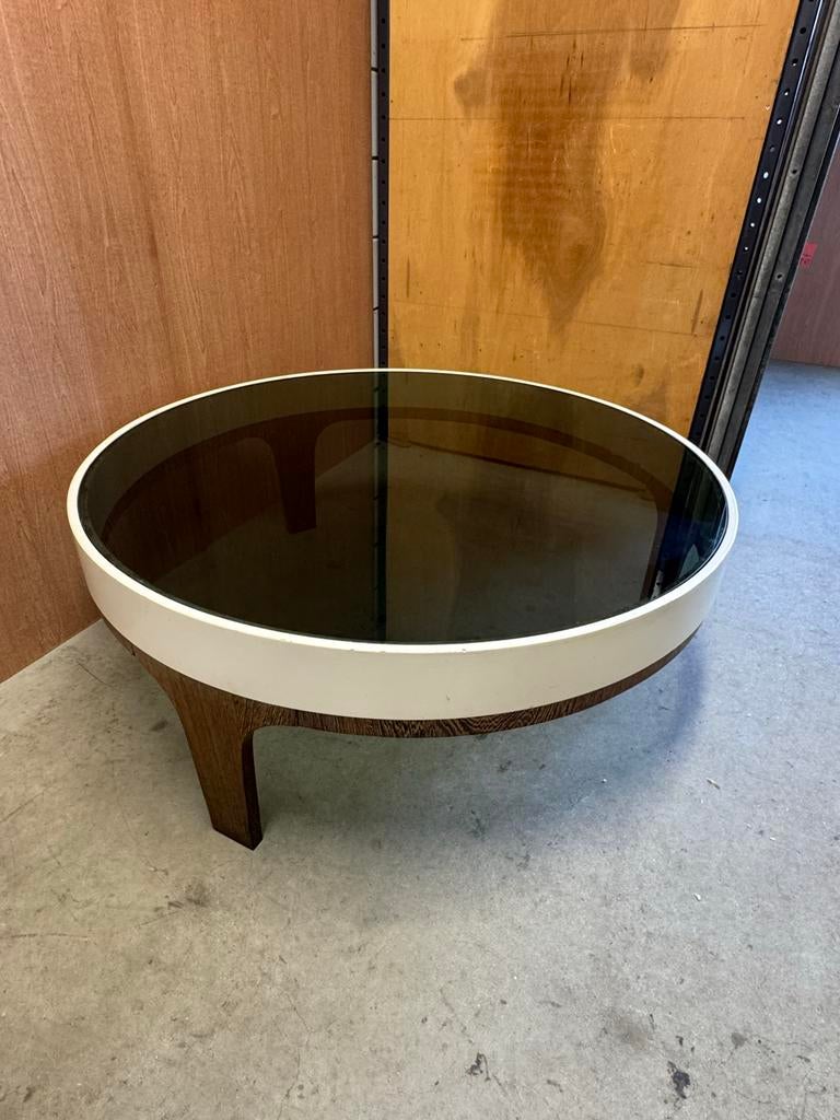 Vintage midcentury stijl ronde salontafel met glazen blad, Gebruikt, Vintage, Rond, Glas