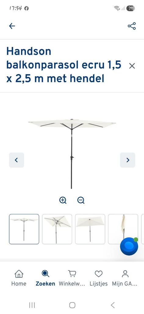 Balkonparasol ecru 1,5 x 2,5 m incl. voet 25kg, Tuin en Terras, Parasols, Ophalen, Zo goed als nieuw, Kantelbaar