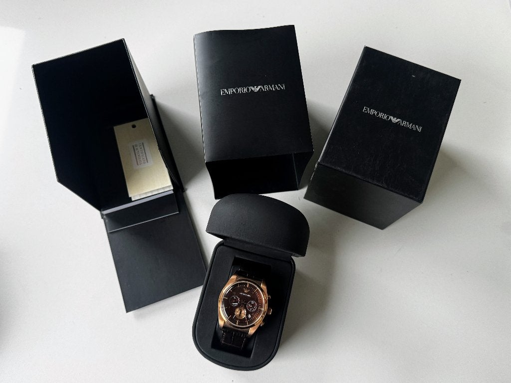 Emporio Armani AR0371 Franco Chronograph – Roségoud / Bruin, Ophalen of Verzenden, Zo goed als nieuw
