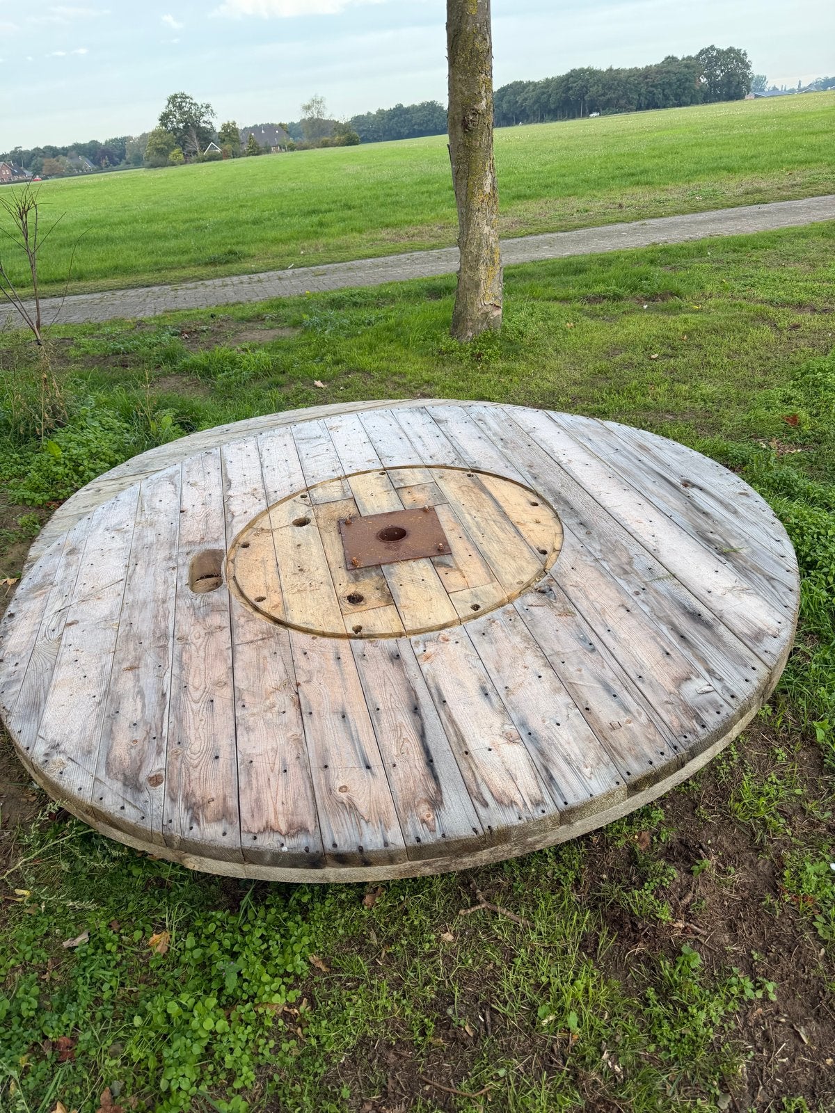 Bartafel / statafel tafelblad van kabelhaspel, Gebruikt, 150 tot 200 cm, Rond, Ophalen of Verzenden