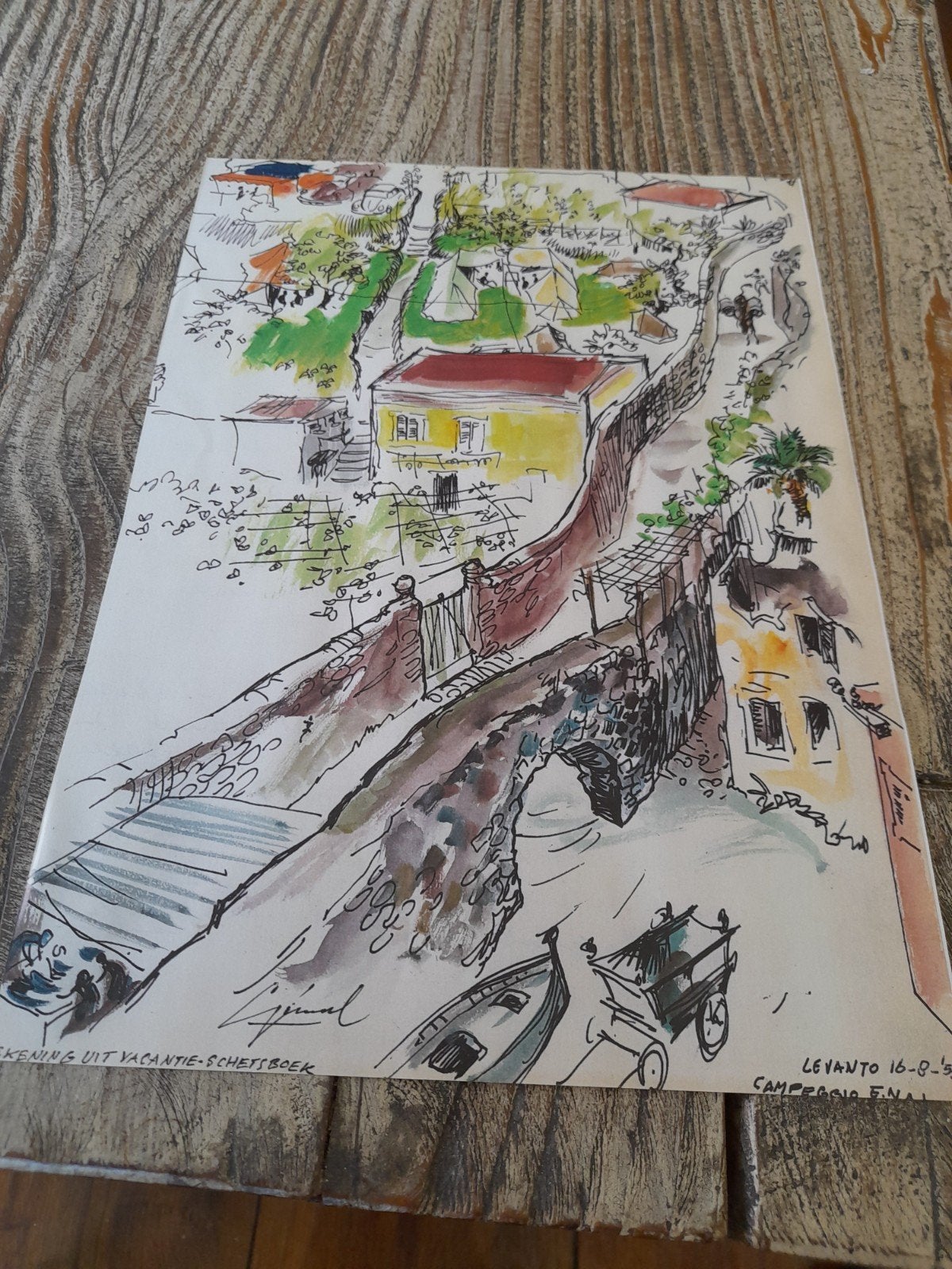 Originele Tekening uit Vakantie-Schetsboek - Levanto 1959, Antiek en Kunst, Ophalen, Tekening, Aquarel, Gesigneerd