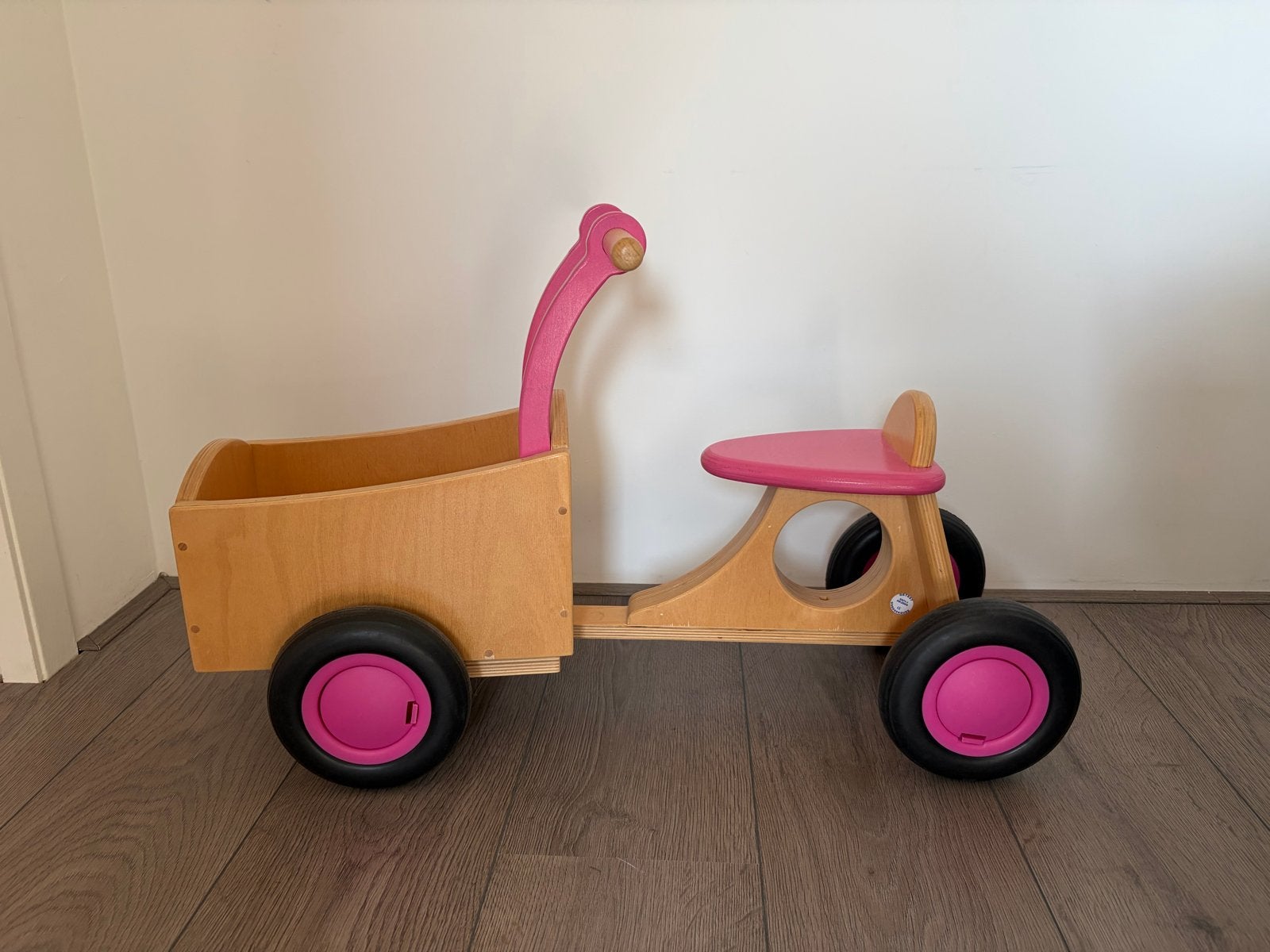 Houten bakfiets loopfiets met roze accenten, Ophalen, Gebruikt, Loopfiets