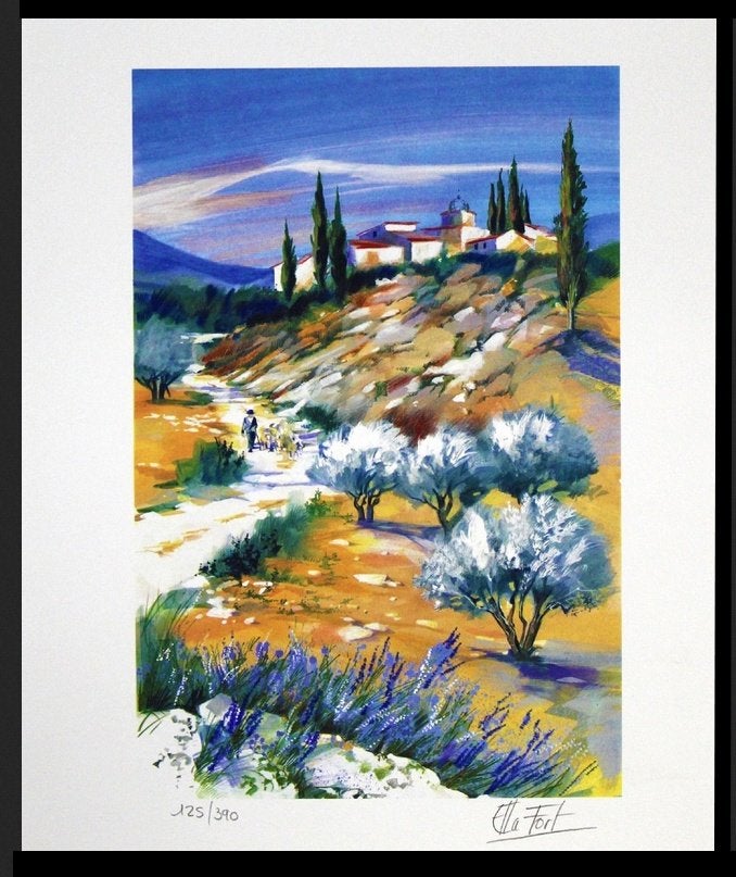 # Ella Fort # Kleurrijke Litho " Le berger et le village ", Ophalen of Verzenden