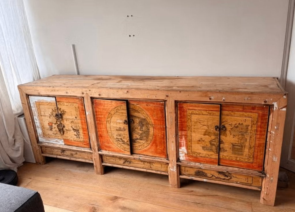 Antieke Chinese kast met handbeschilderde panelen, Ophalen of Verzenden