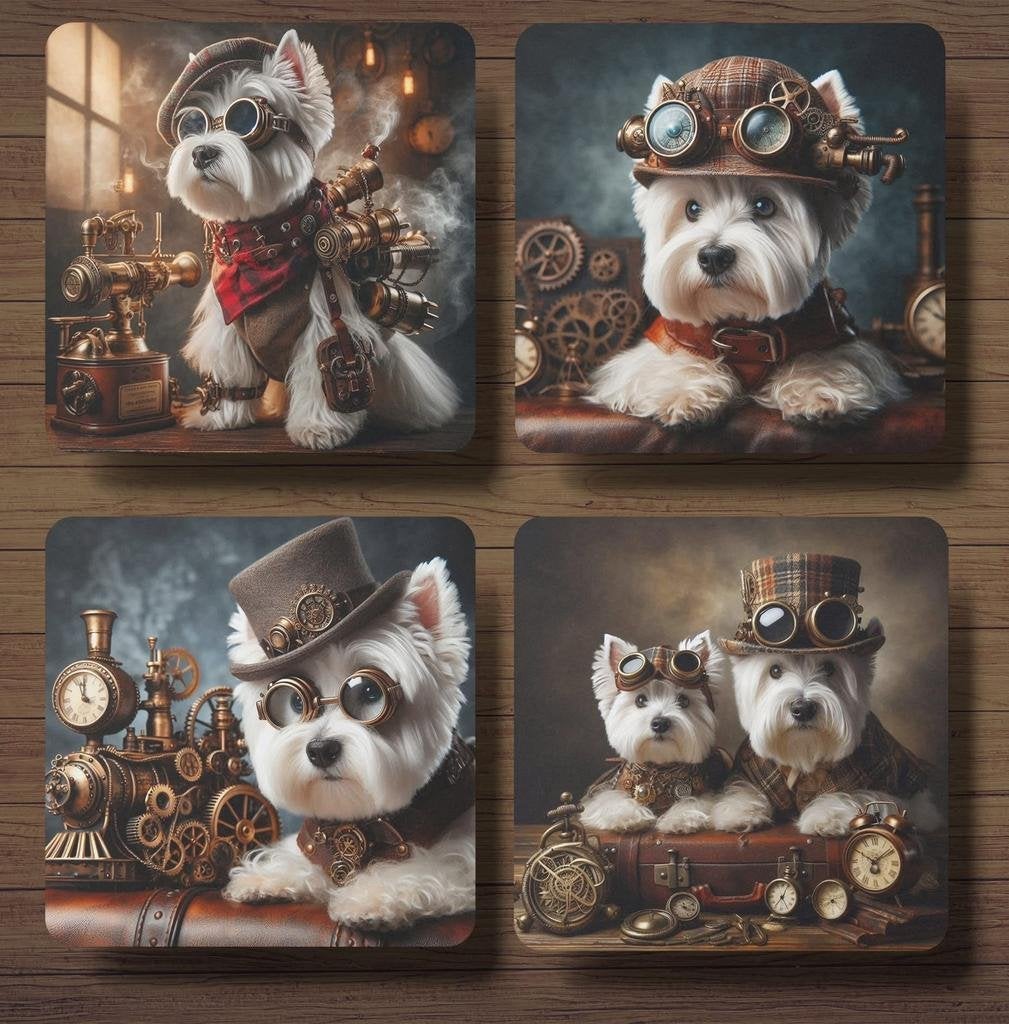 West Highland White Terriër Steampunk onderzetters + houder, Ophalen of Verzenden, Nieuw