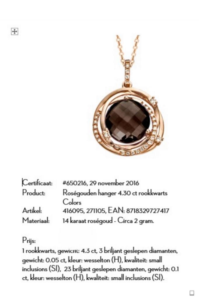 Nieuw Diamond Point hanger Rose goud Diamanten Rookkwarts, Sieraden, Tassen en Uiterlijk, Ophalen of Verzenden, Zo goed als nieuw