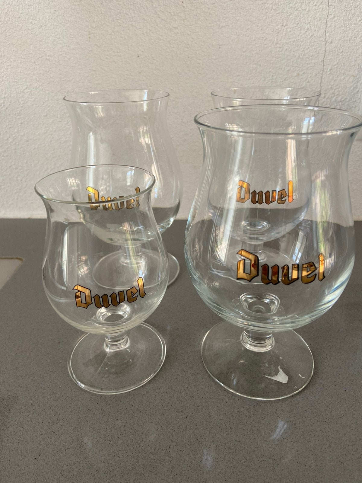 Bierglas Duvel, drie stuks plus proefglaasje, Ophalen of Verzenden, Gebruikt, Bierglas