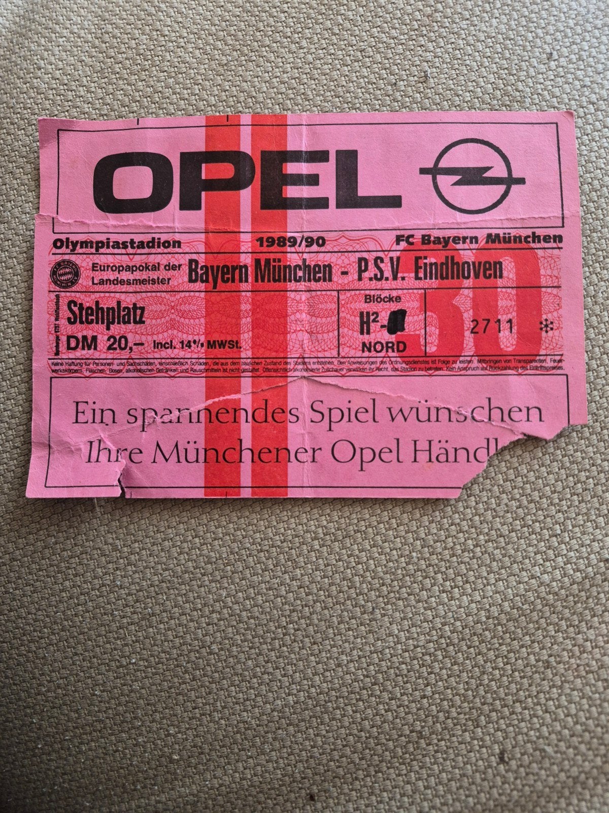 Ticket Bayern München-PSV, Verzamelen, Ophalen of Verzenden, Gebruikt, PSV, Overige typen