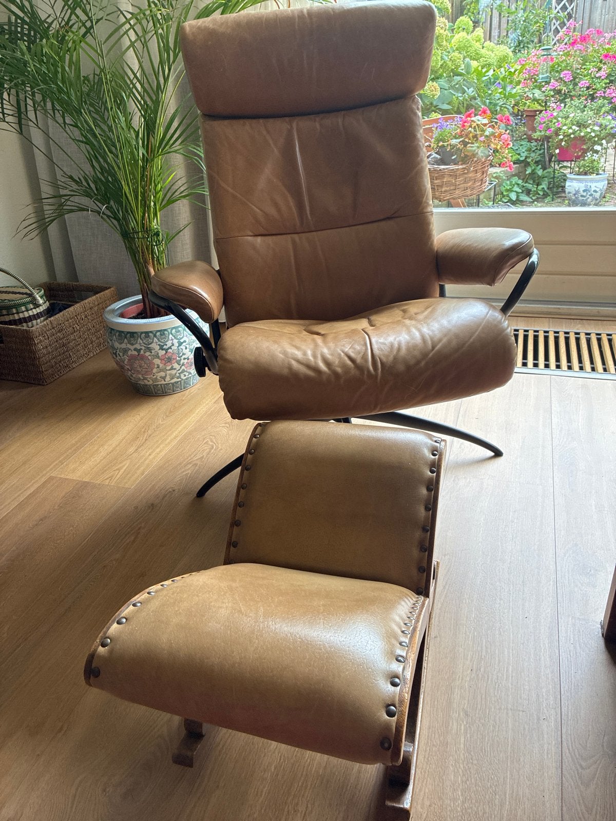 Leren relaxfauteuil met voetenbank - cognac, Ophalen, Gebruikt, Leer, 75 tot 100 cm