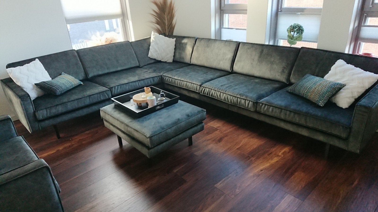 Groene velvet hoekbank met loveseat en hocker, Ophalen, Gebruikt, Stof