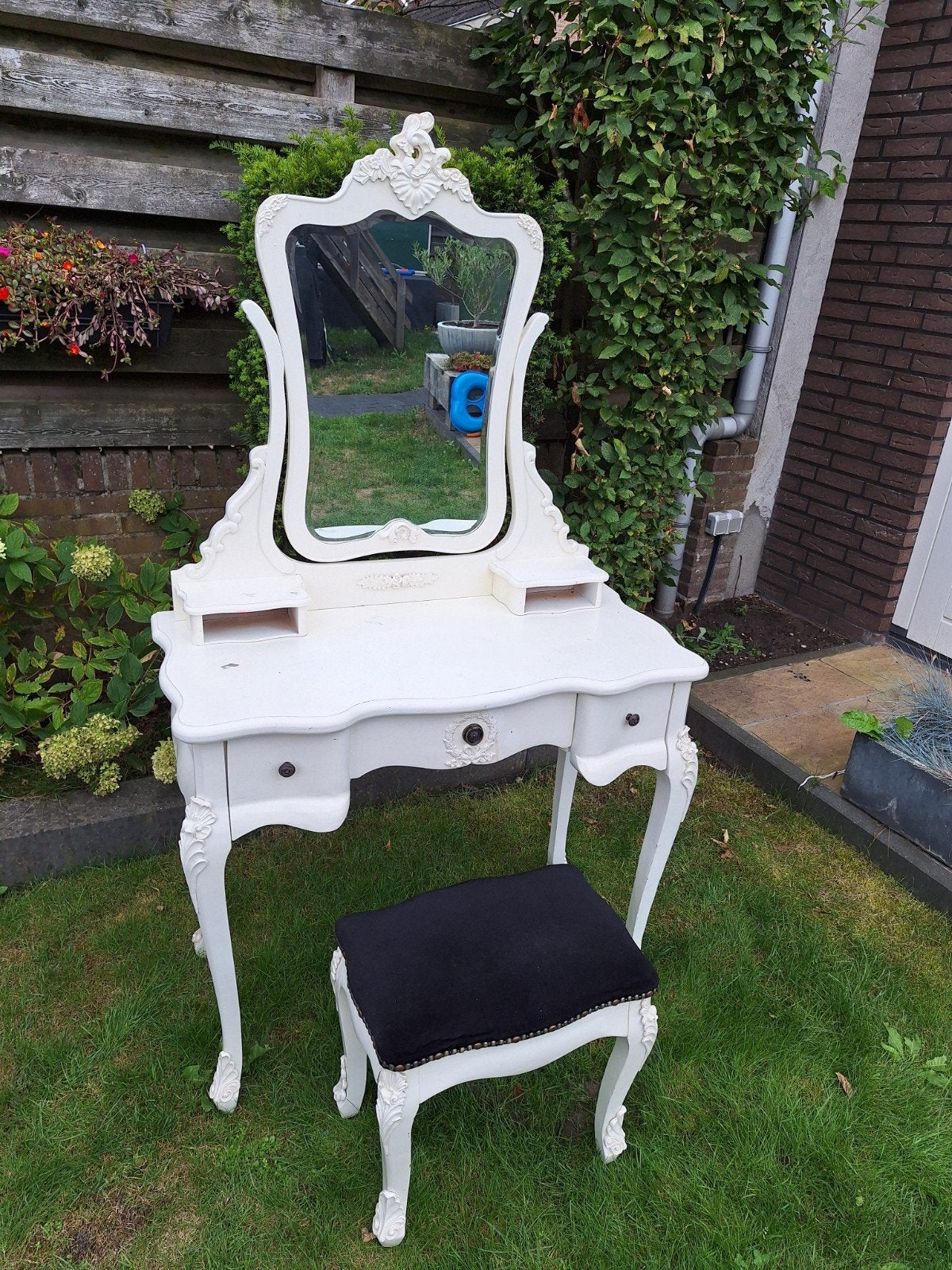Vintage kaptafel met spiegel en krukje, Ophalen, Gebruikt, 100 tot 150 cm, 50 tot 100 cm