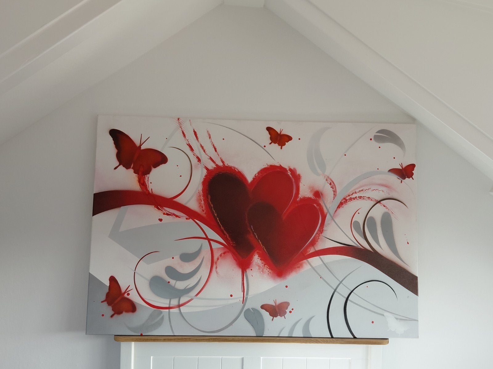 Canvas schilderij hart, vlinders. Rood, wit,grijs, Ophalen, Zo goed als nieuw, Schilderij