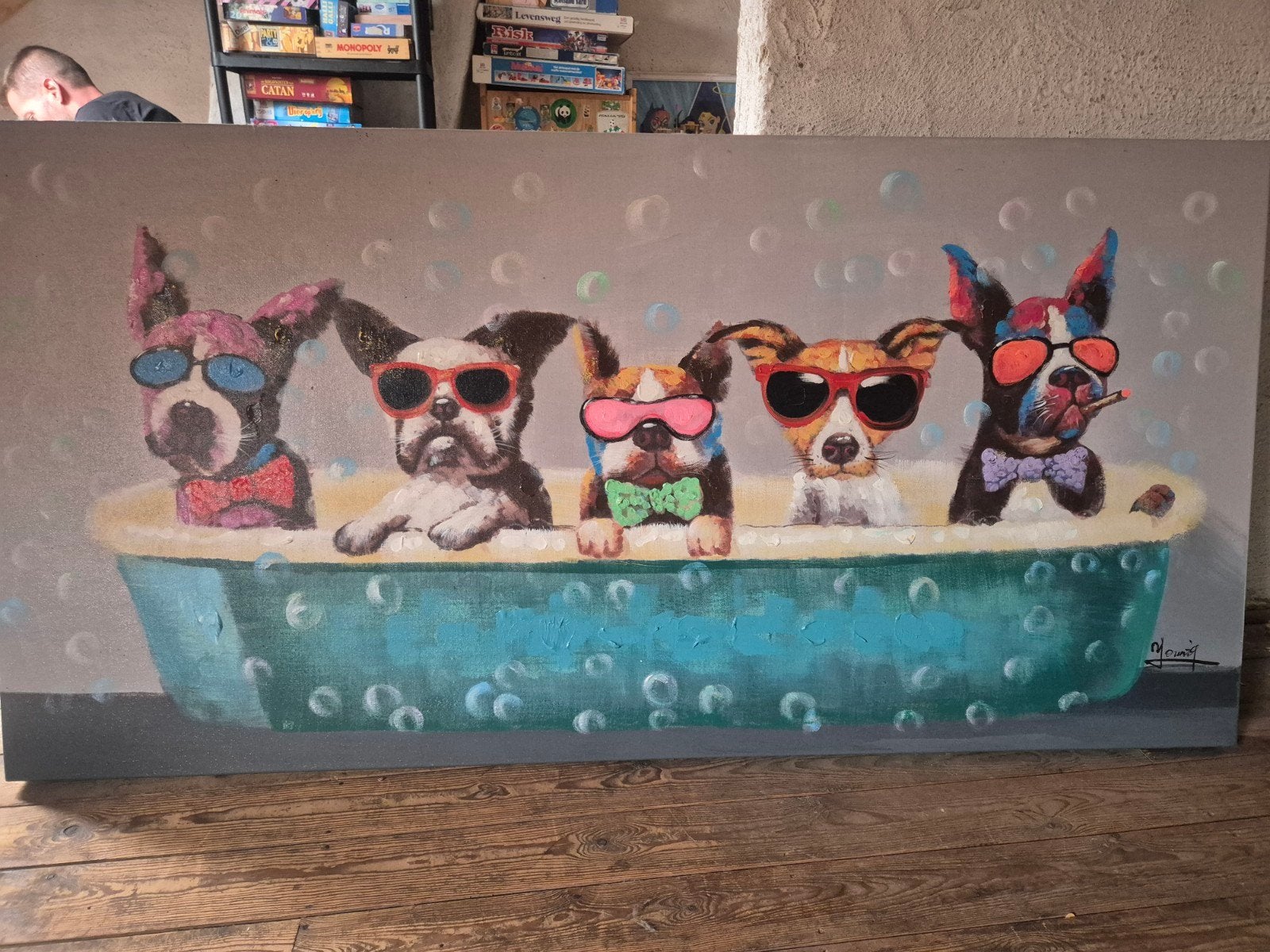 Schilderij 'Puppy Tub' 70x140 cm - Honden in Bad, Ophalen, 50 – 75, 125 cm of meer, Zo goed als nieuw