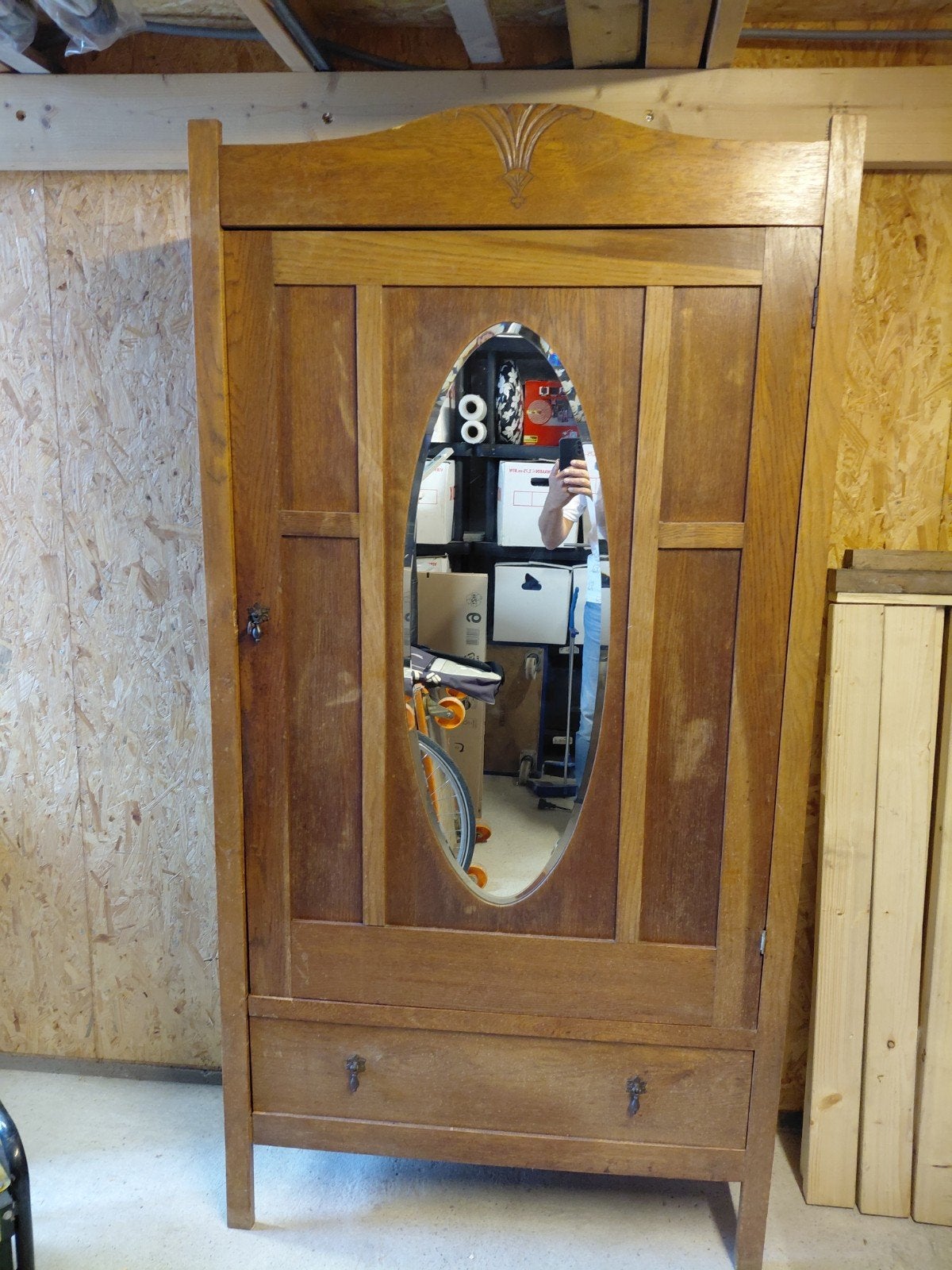 Vintage Kledingkast met spiegel, lade en hanggedeelte, Ophalen of Verzenden