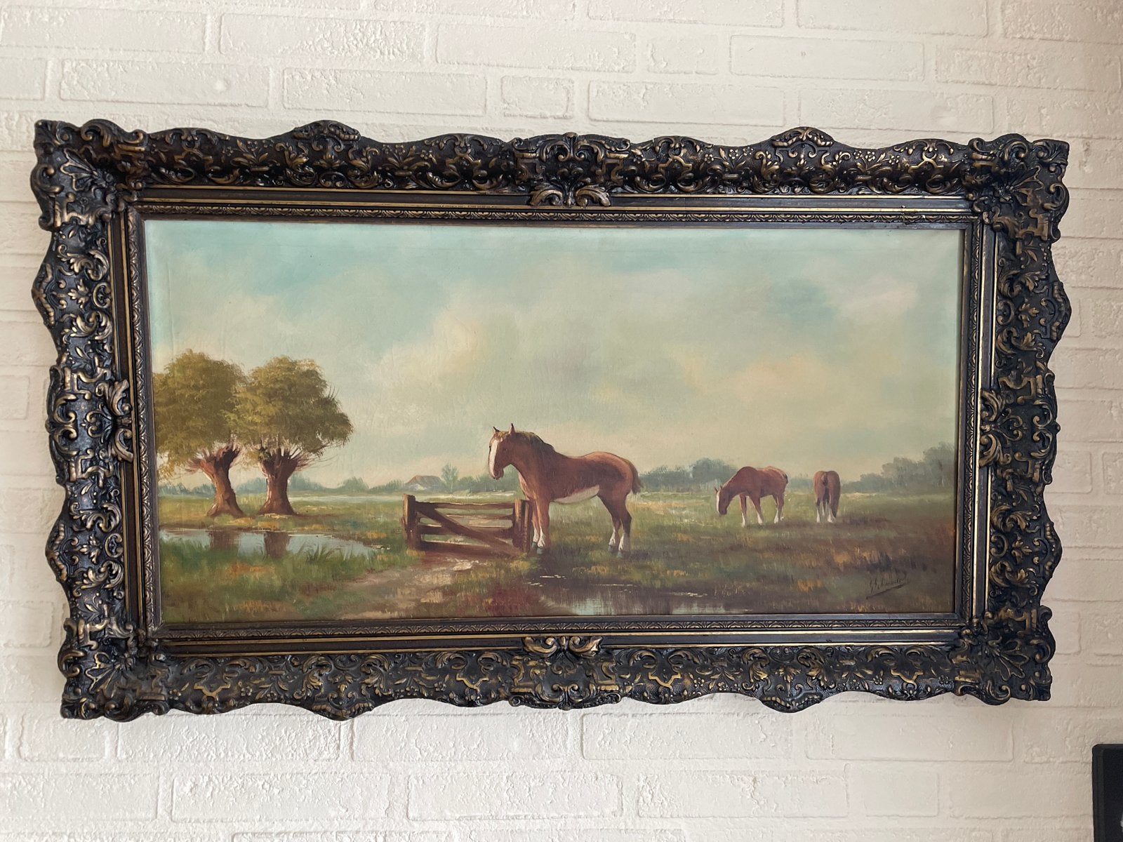Schilderij: Hollands landschap met paarden, Ophalen of Verzenden