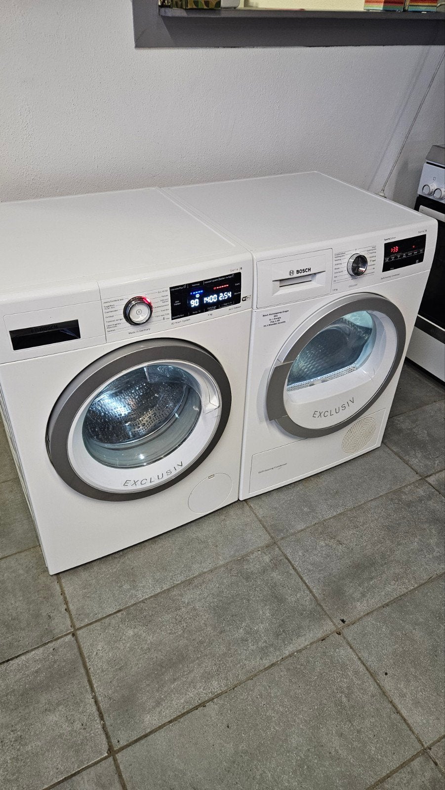 TE KOOP: BOSCH  WASMACHINE 9KG + WARMTEPOMPDROGER 8KG, 1200 tot 1600 toeren, 8 tot 10 kg, Ophalen of Verzenden, Zo goed als nieuw