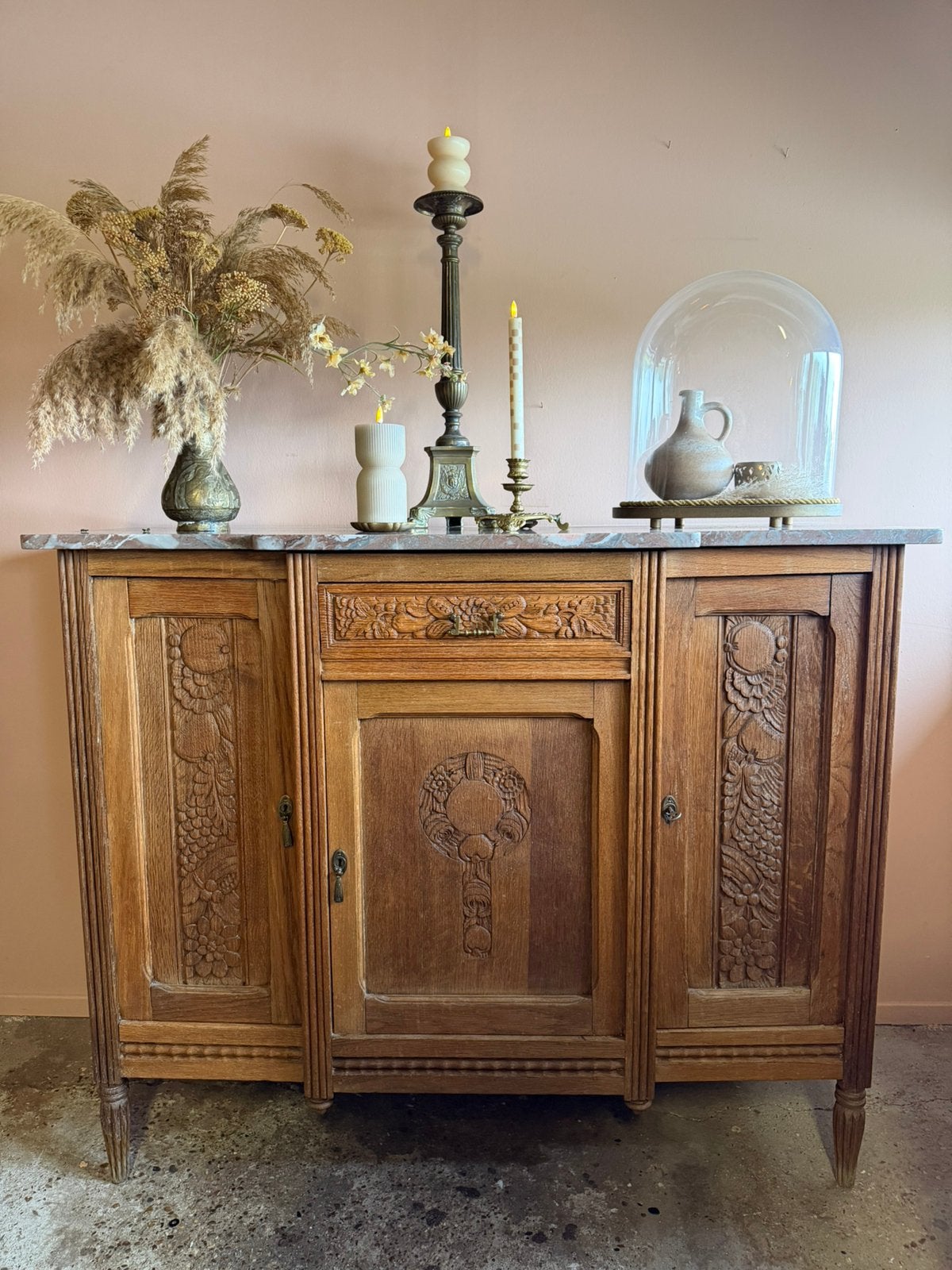 Vintage houten dressoir houtsnijwerk marmeren blad, Huis en Inrichting, Ophalen, Gebruikt, 100 tot 150 cm, Met lade(s)