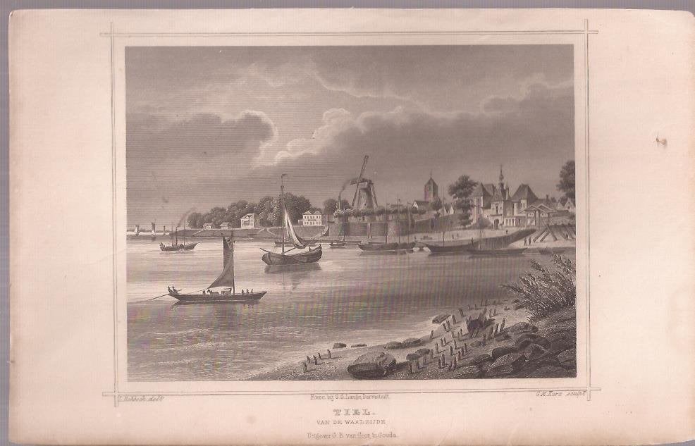 Tiel van de Waalzijde. Gezicht op de Staagravure Terwen 1858, Antiek en Kunst, Origineel, 1800 - 1899, Stadsgezicht, Gravure