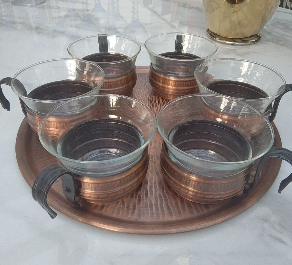 Thee serveer set koper / glas 7-delige tray met 6 glazen, Glas of Glazen, Vintage, Ophalen of Verzenden, Zo goed als nieuw