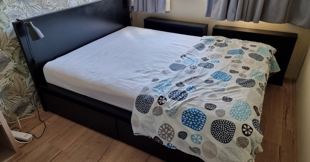 IKEA Malm (2p) bed met lades, matras en lampen, Ophalen, Gebruikt, Zwart, Tweepersoons