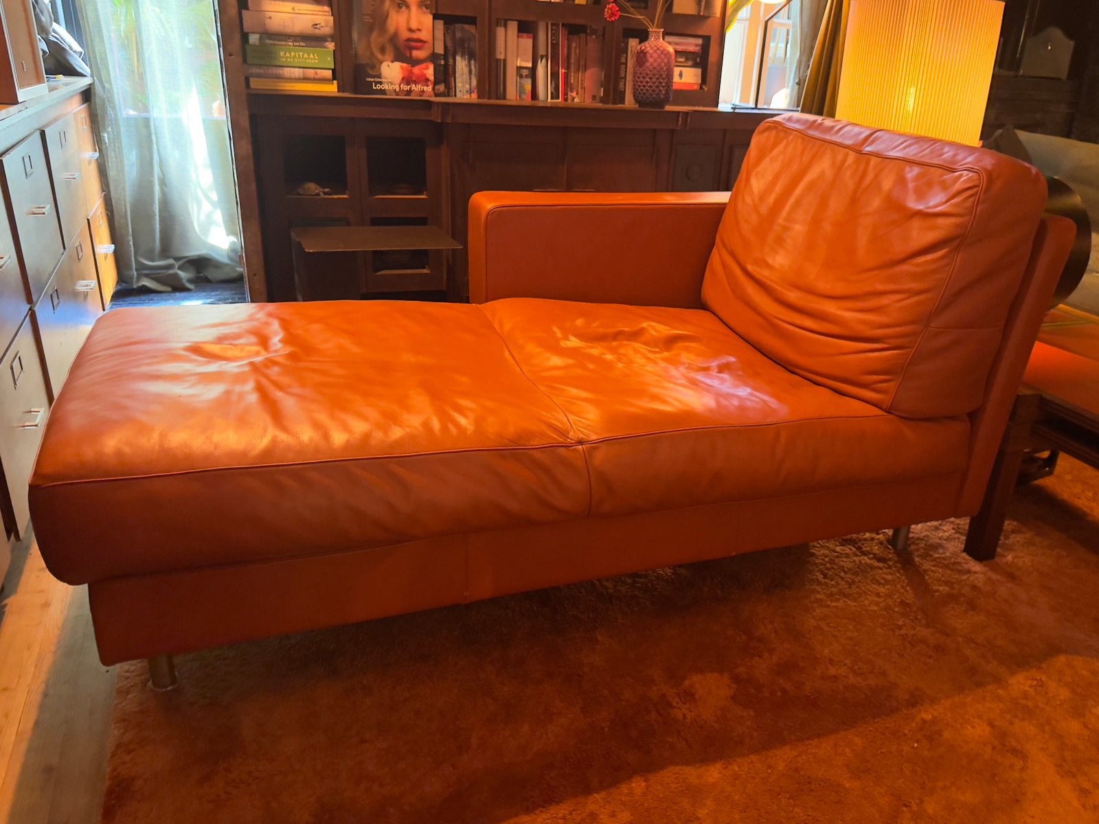 POLTRONA FRAU Italiaanse design chaise longue cognac leer, Gebruikt, Eenpersoons, |, 150 tot 200 cm