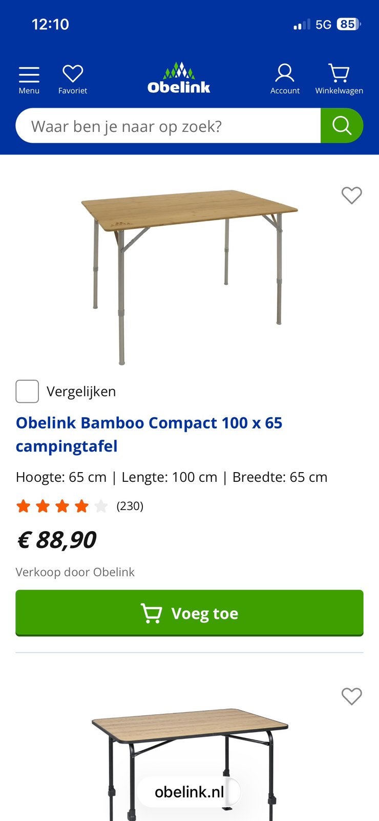 Bamboe campingtafel 100x65 cm oprolbaar (eigen merk Obelink), Caravans en Kamperen, Kampeermeubelen, Ophalen, Zo goed als nieuw