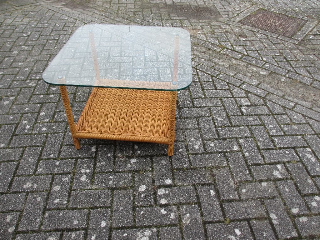 Vintage salontafel riet/ rotan ontwerp Dirk van Sliedregt ?, Ophalen, Gebruikt, Natuurlijk materiaal, Vintage