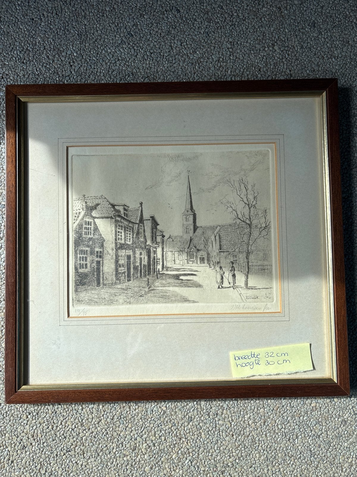 Ingelijste Ets van een Stadsgezicht, gesigneerd, Antiek en Kunst, Kunst | Etsen en Gravures, Stadsgezicht, Ophalen of Verzenden