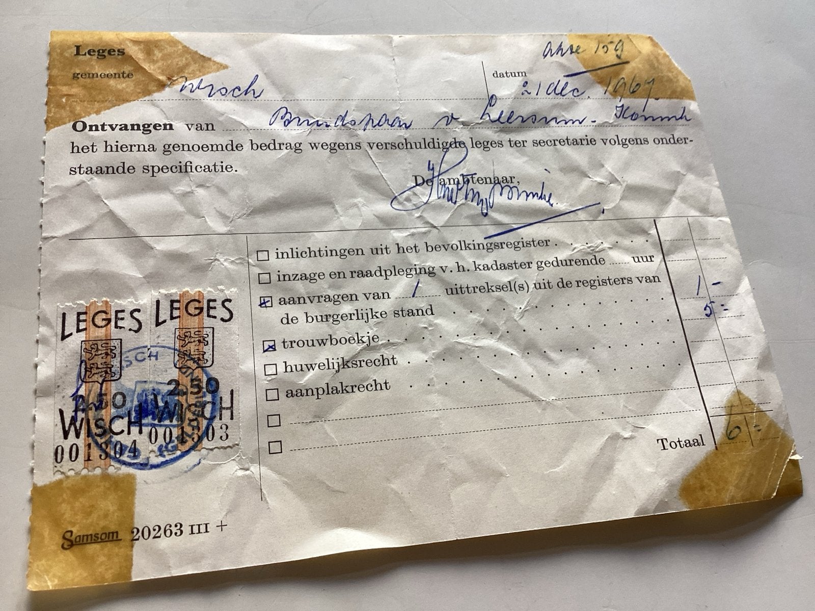Legeszegels  gemeente Wisch 1967 -, Ophalen of Verzenden, Beschreven, Nederland