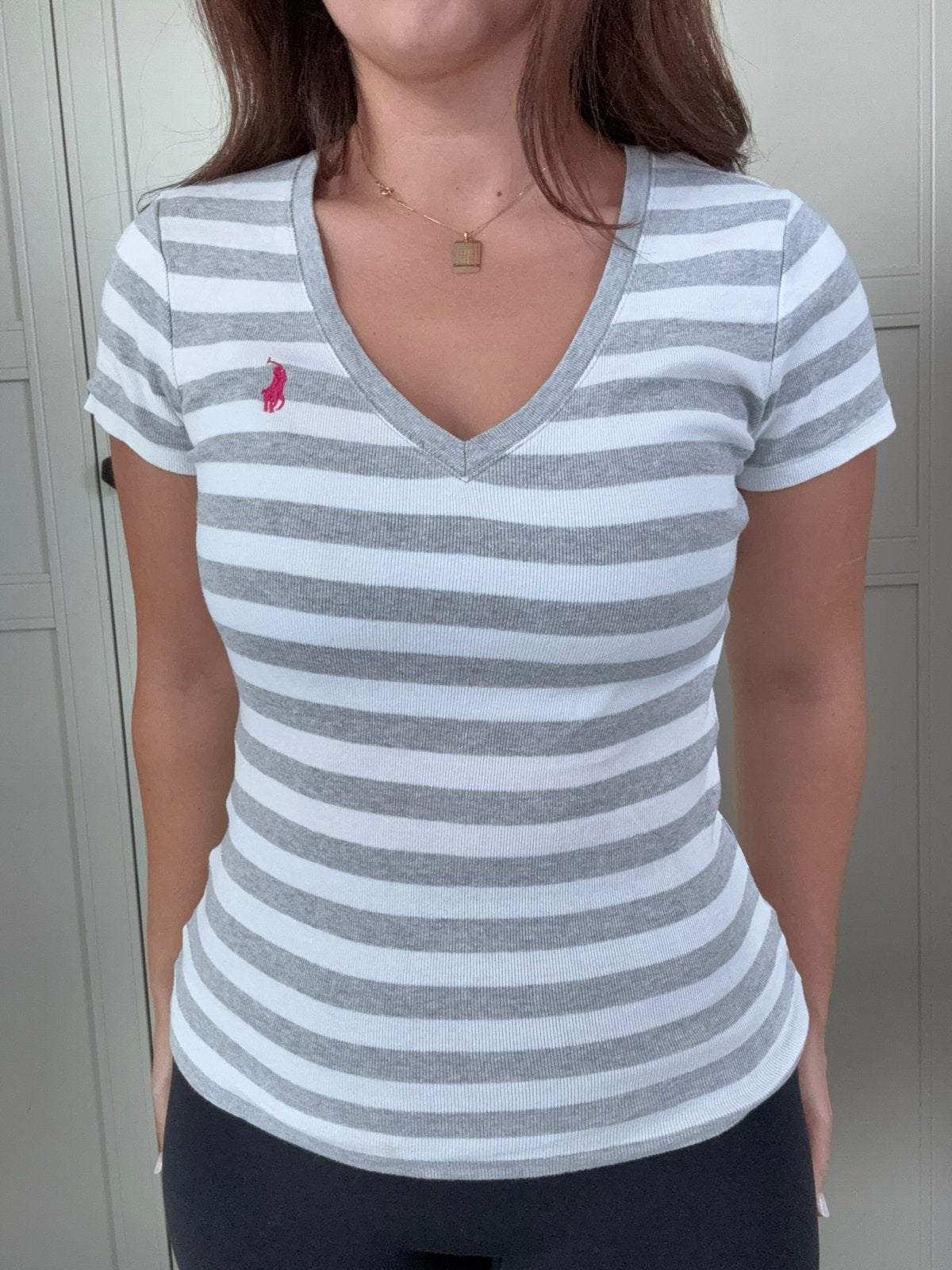 Ralph Lauren gestreepte V-hals T-shirt, Ophalen of Verzenden, Zo goed als nieuw, Korte mouw, Maat 34 (XS) of kleiner