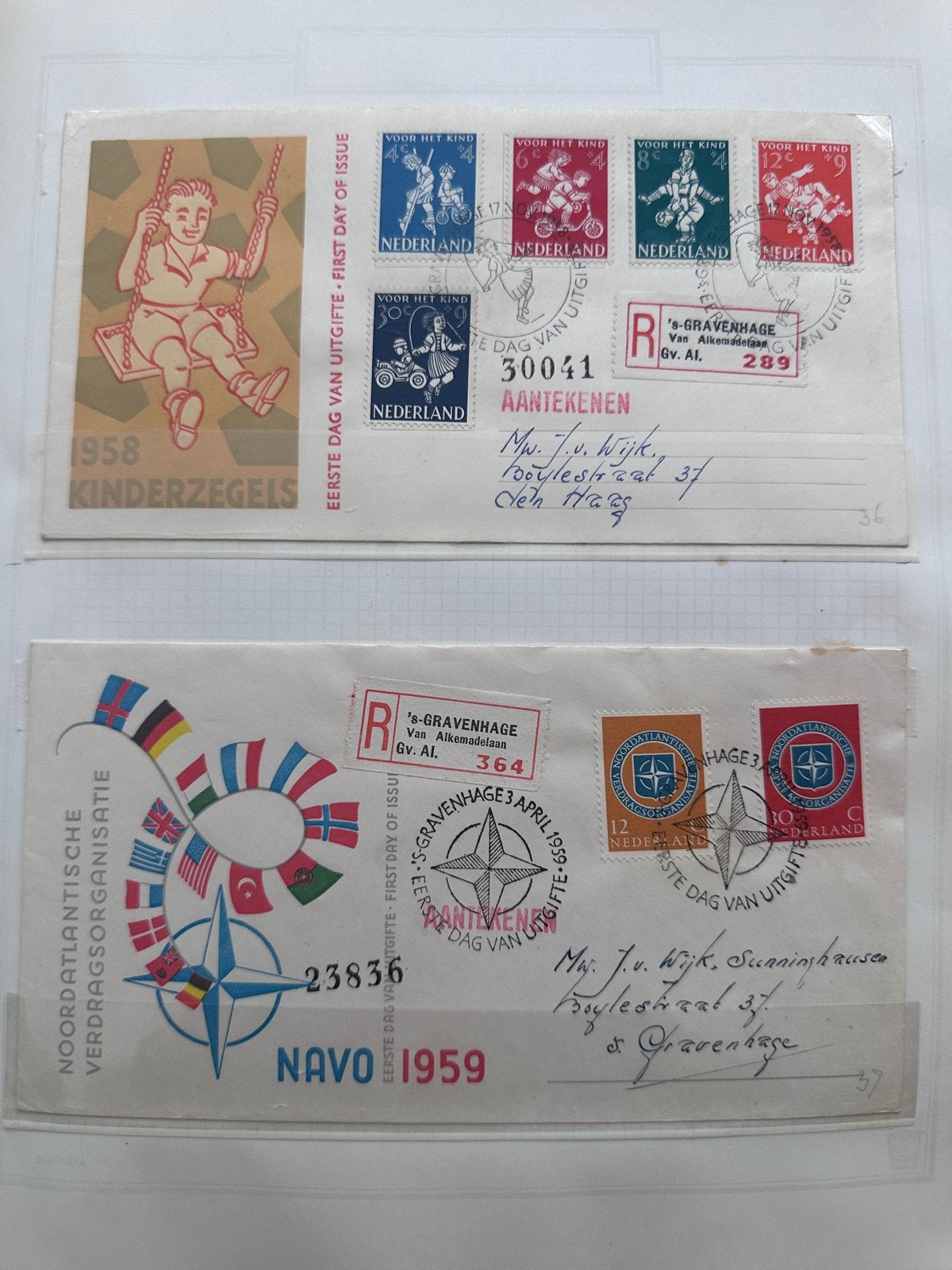 Eerste Dag Uitgifte: Kinderzegels 1958 & NAVO 1959, Ophalen, Beschreven, Nederland